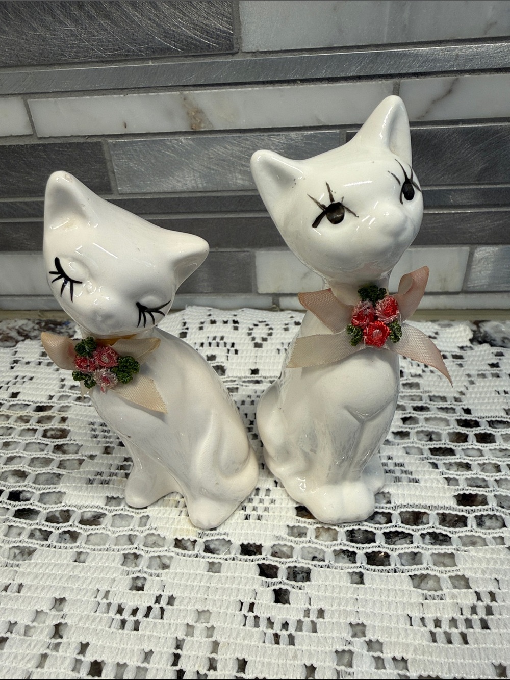 Vintage White Cat Pair with Pink Floral Bows-MCM